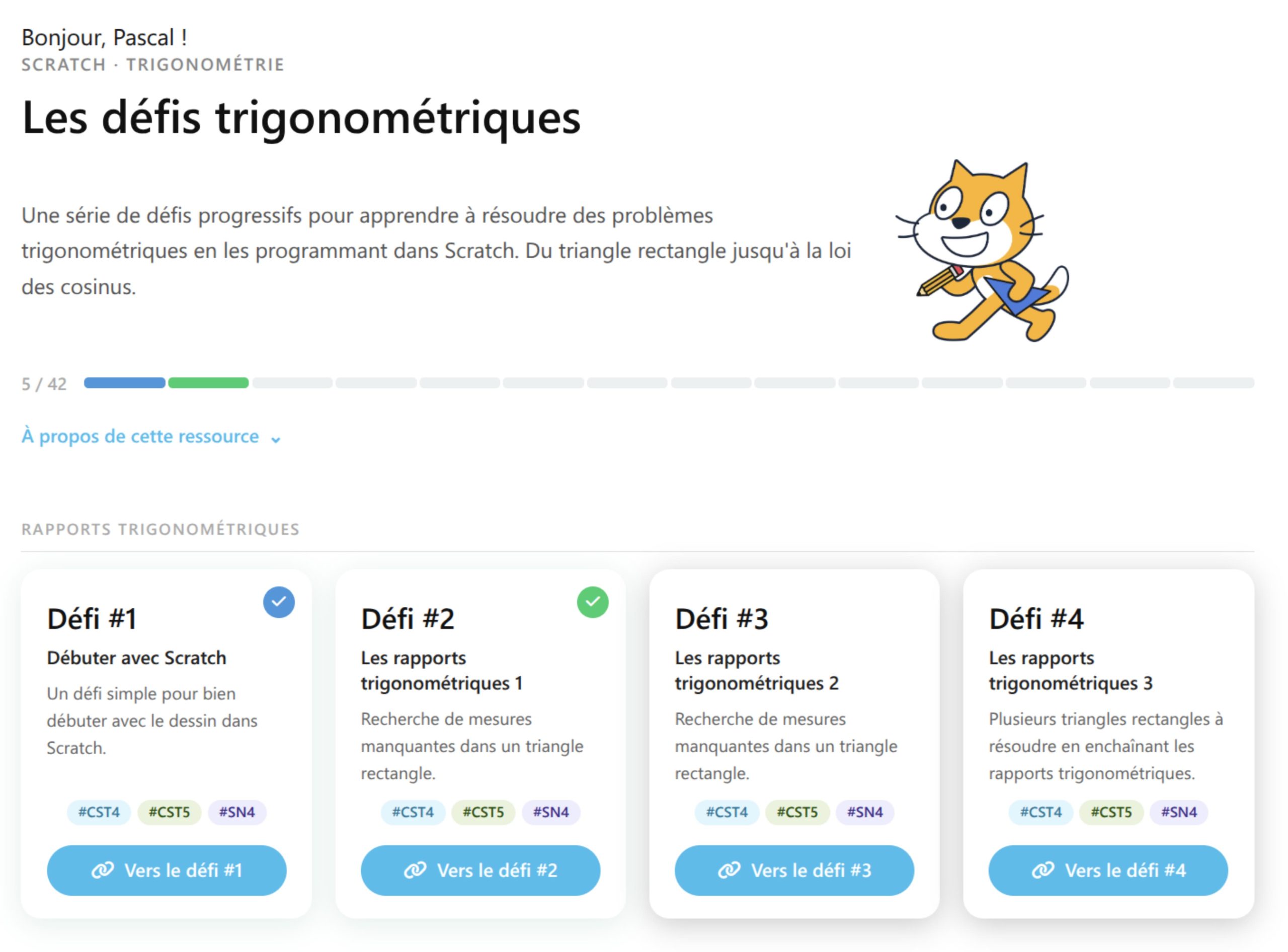 Interface du mini-site des défis trigonométriques